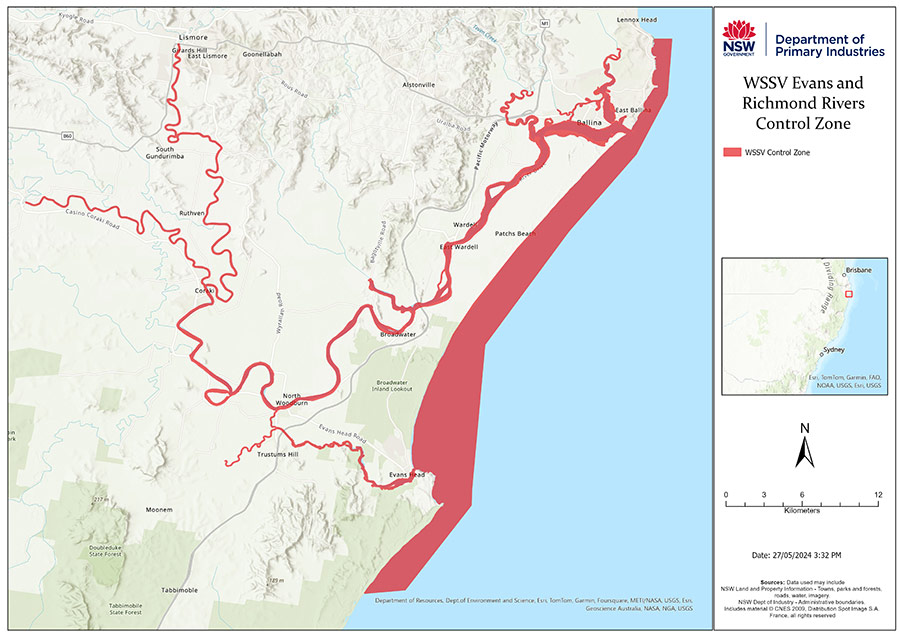 Map showing WSSV control zone for Evans and Richmond Rivers