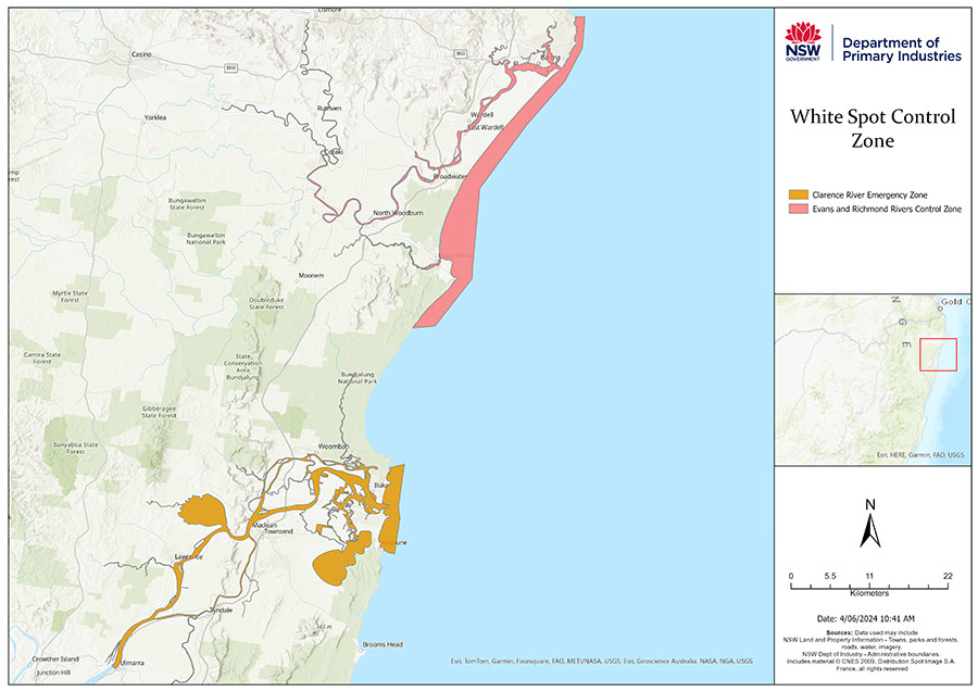 Map showing the WSSV control zone for New South Wales